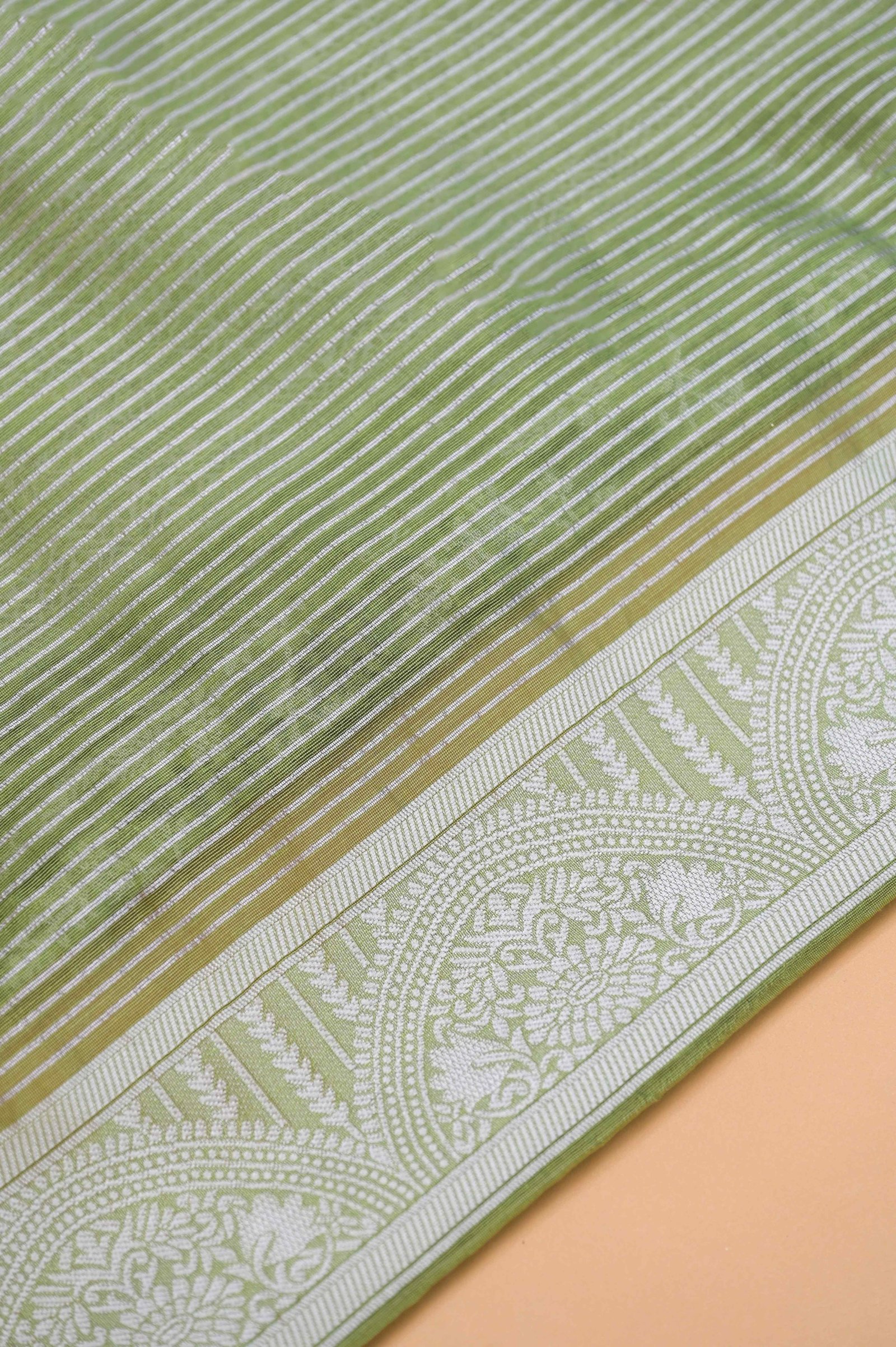 Leaf Jaal Olive Green Pure Cotton Saree With Strip Blouse